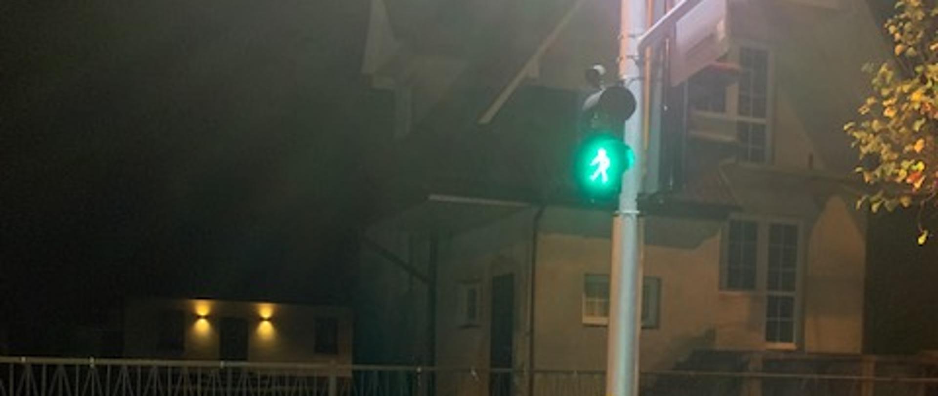 zdjęcie przedstawia przejście dla pieszych z sygnalizacją świetlną. Światło zielone. W tle widoczne zabudowania mieszkalne jednorodzinne. Pora nocna