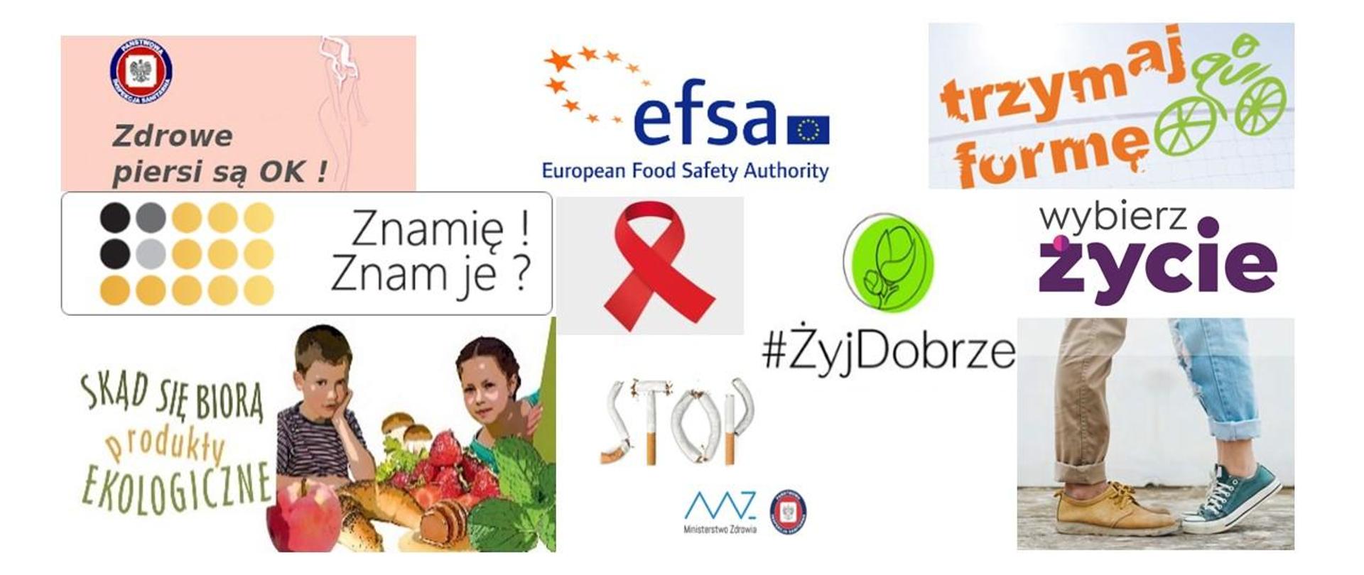 Loga realizowanych programów oświatowych: Trzymaj Formę, #ŻyjDobrze, EFSA, Skąd się biorą produkty ekologiczne, Znamię! Znam je?, Zdrowe piersi są OK!, Wybierz życie, Światowy Dzień Rzucania Palenia, Krajowy Program Zapobiegania Zakażeniom HIV i Zwalczania AIDS
