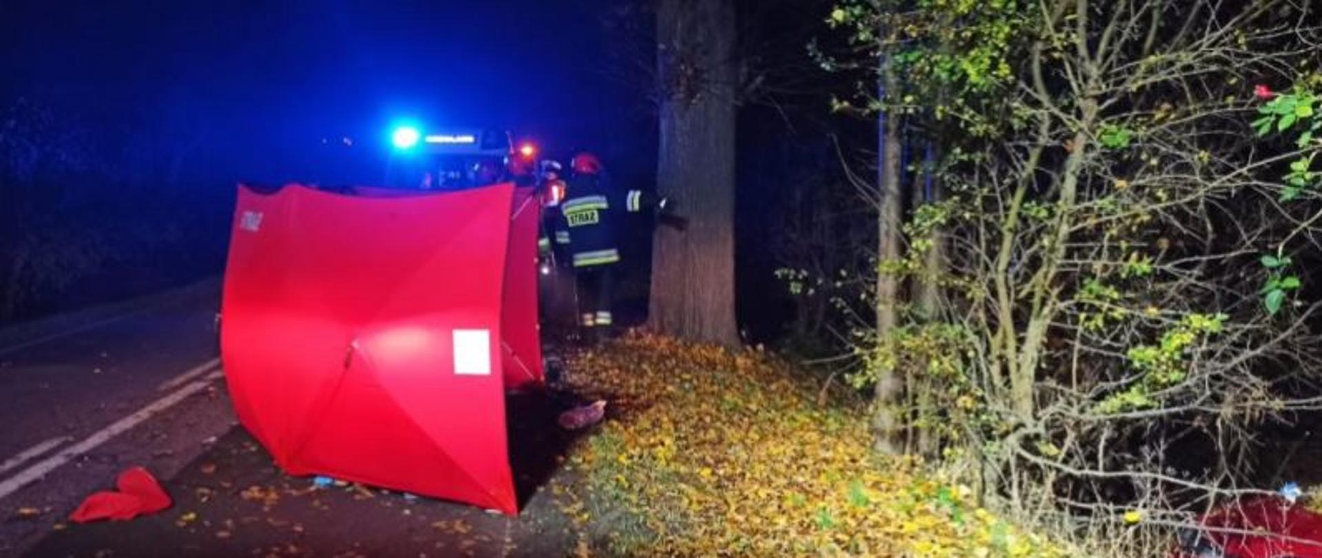 Zdjęcie przedstawia rozstawiony na drodze parawan strażacki, w miejscu w którym doszło do wypadku. Za nim widać pojazd strażacki w włączonymi światłami alarmowymi. Po prawej stronie widoczny jest w rowie czerwony pojazd, który uległ wypadkowi.