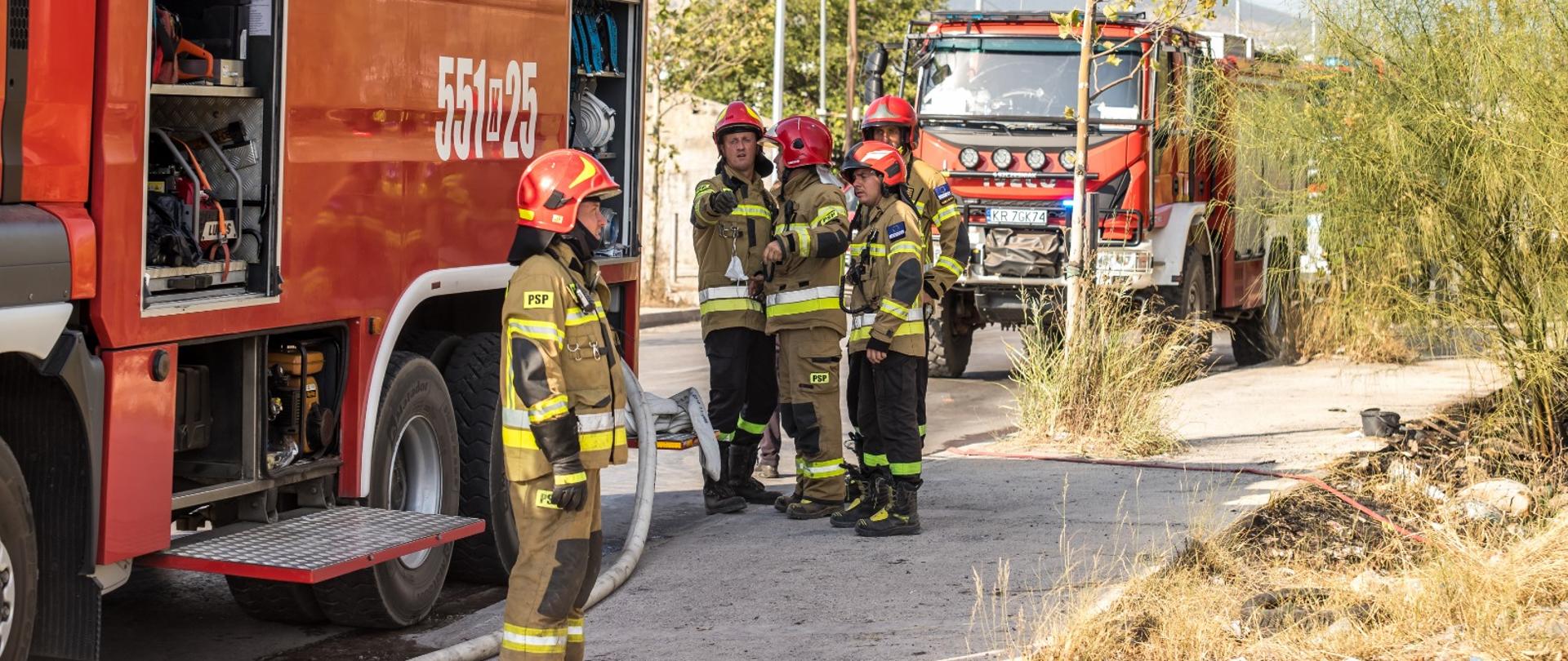 Widok z boku. Zastęp JRG Wadowice w trakcie działań ratowniczych w Grecji. Z lewej strony samochód Wadowickiej JRG, na pierwszym planie strażacy podczas prowadzenia ustaleń. Jeden ze strażaków pokazuje palcem w kierunku na wprost. Z prawej strony roślinność grecka, z tyłu góry. 