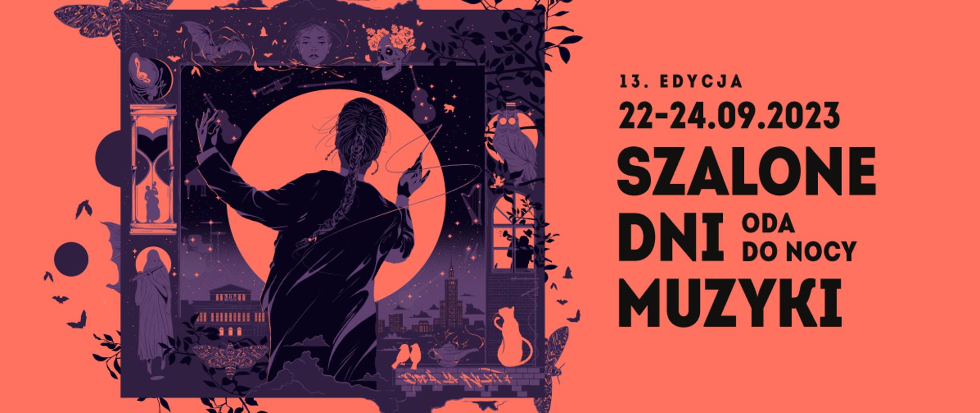 Grafika Szalonych Dni Muzyki na pomarańczowym tle. Tekst: Szalone Dni Muzyki Oda do Nocy.