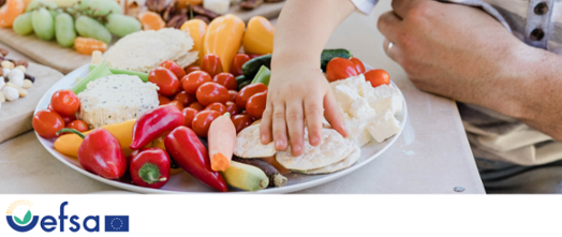 Dziecko sięga ręką po ser z dużego talerza pełnego świeżych warzyw i produktów nabiałowych, obok dorosły trzyma dziecko. W tle logo EFSA – Europejskiego Urzędu ds. Bezpieczeństwa Żywności