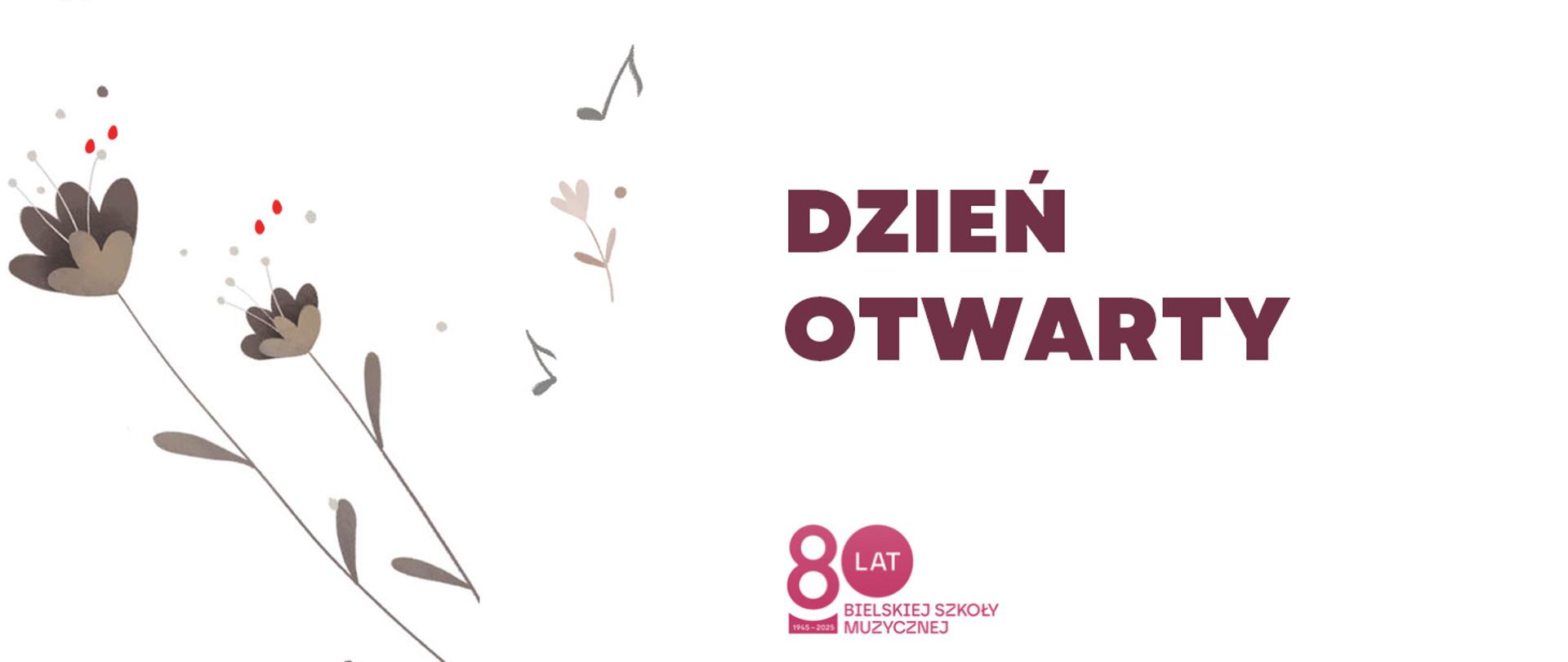 grafika - rekrutacja 2026. Białe tło, grafika rekrutacji, logo szkoły 80 lat - Bielskiej Szkoły Muzycznej