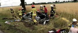 Srebrny samochód znajduje się w rowie wokół niego znajduje się siedmiu strażaków oraz osoba w czerwonej koszulce na poboczu porozrzucane elementy wyposażenia samochodu oraz rzeczy osobiste w dole zdjęcia strażak opiekuje się poszkodowaną osobą przy nich otwarta czerwona torba PSP R1. Na horyzoncie pole uprawne oraz drzewo