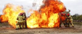 Poligon CS PSP, po lewej i prawej stronie stoi po trzech funkcjonariuszy PSP w umundurowaniu bojowym schowanych za tarczą batalistyczną pomiędzy nimi płomienie ognia po wybuchu