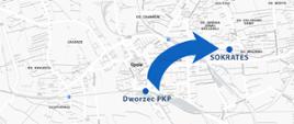 Mapa przedstawiająca dojazd z punktu informacyjnego na dworcu PKP do DS "Sokrates"