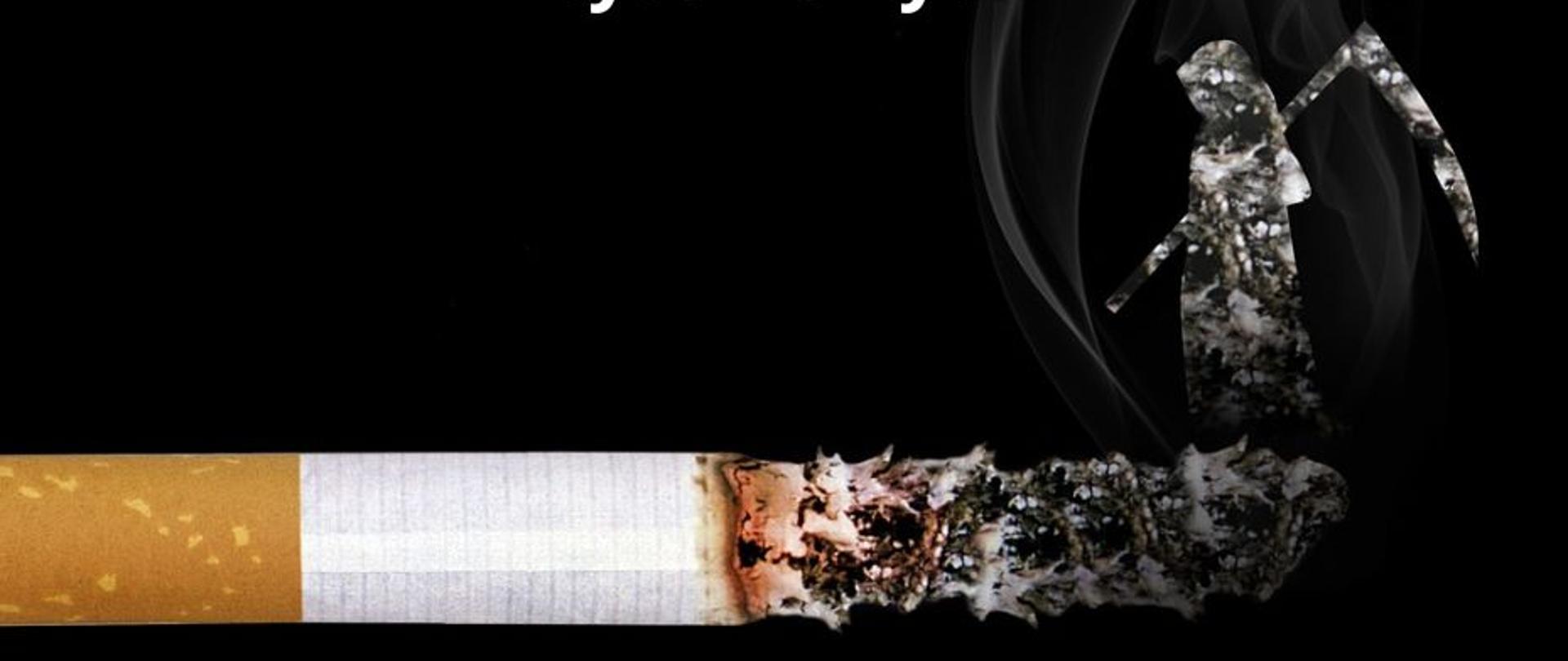 Grafika przedstawia papierosa, na którego żarzącej się końcówce stoi postać z kosą oraz zaproszenie do udziału w konkursie dla uczniów klas 4 realizujących program "Bieg po zdrowie"