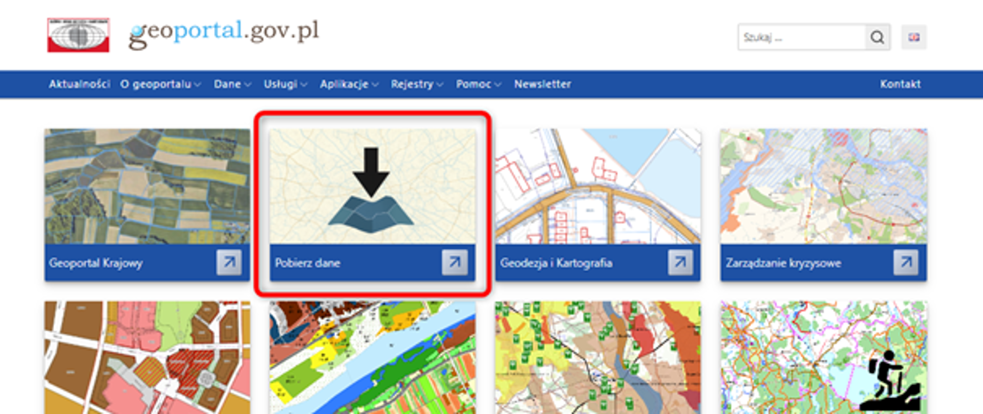 widok strony głównej www.geoportal.gov.pl z dodanym kafelkiem Pobierz dane