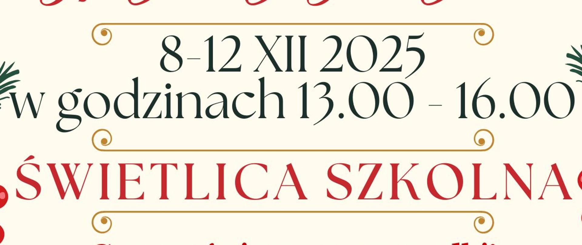Kremowe tło z grafikami symbolizującymi Święta Bożego Narodzenia, tekst dotyczący świątecznej wyprzedaży garażowej 8-12 grudnia 2025 r. w świetlicy ZSM