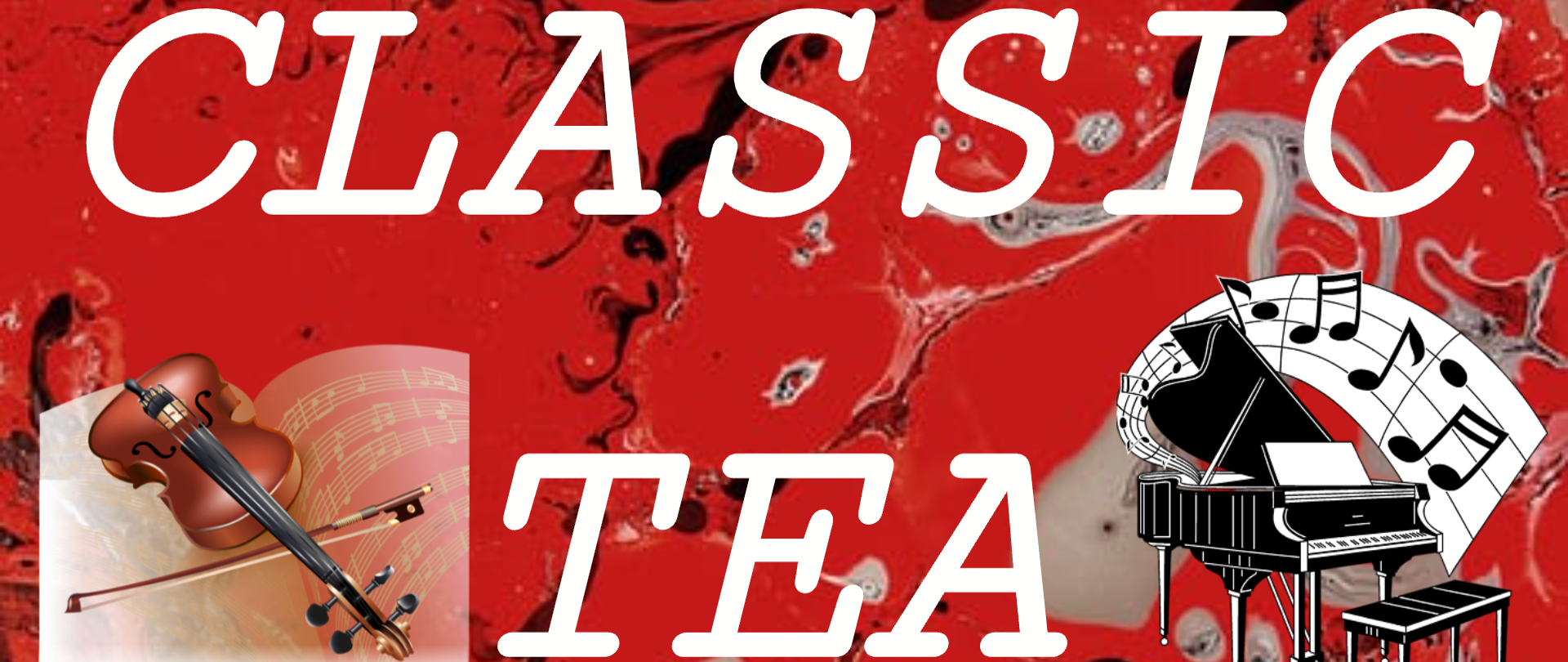 Czerwone tło grafiki, grafika nut, fortepianu i skrzypiec, tekst dotyczący koncertu Classic Tea w OPK Gaude Mater 22.10.2026 o godz. 18.00
