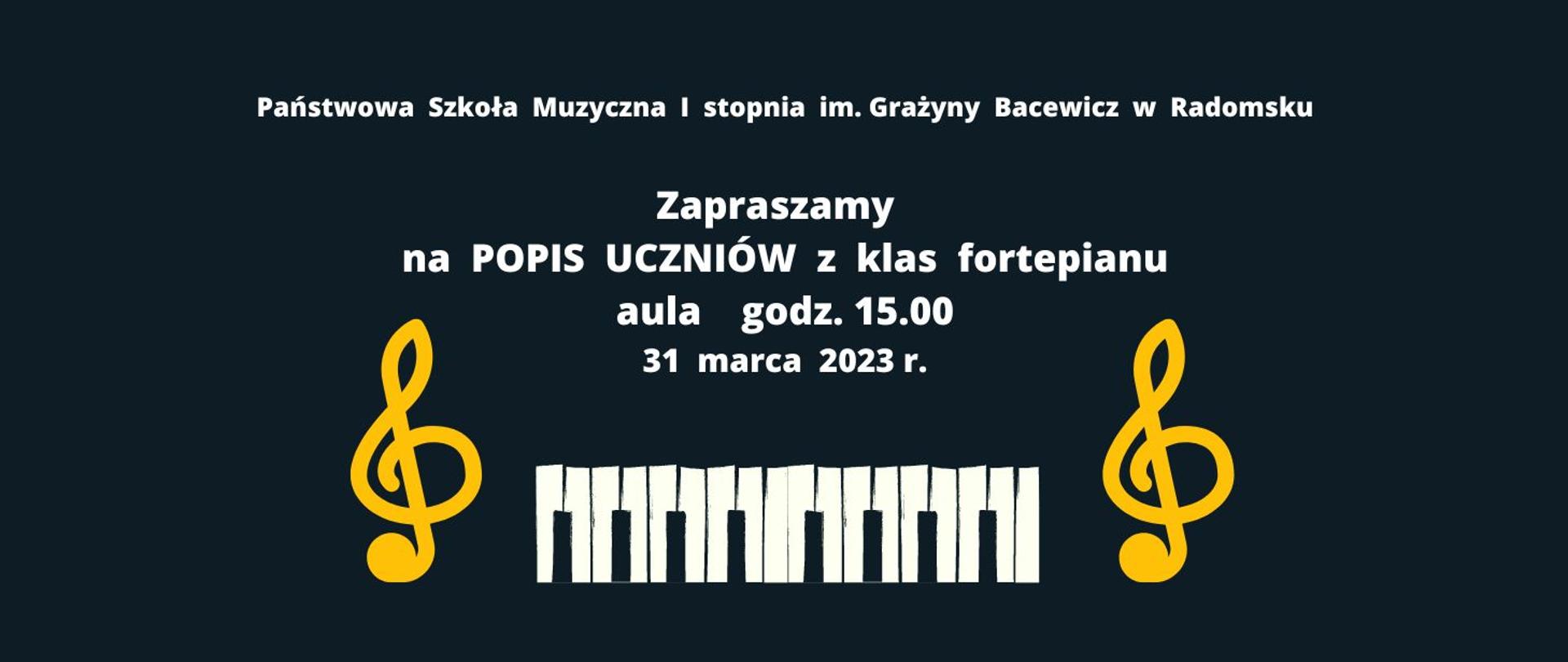 Na granatowym tle znajduje się grafika klawiatury w kolorze biało-granatowym, grafiki kluczy wiolinowych w kolorze żółtym oraz napisy informacyjne w kolorze białym.
