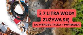 Grafika przedstawia krajobraz podzielony na pół. Z jednej strony jest zniszczony przez tyto ń z drugiej zdrowy i zielony. Napis: . 3,7 litra wody zużywa się do wyrobu tylko 1 papierosa