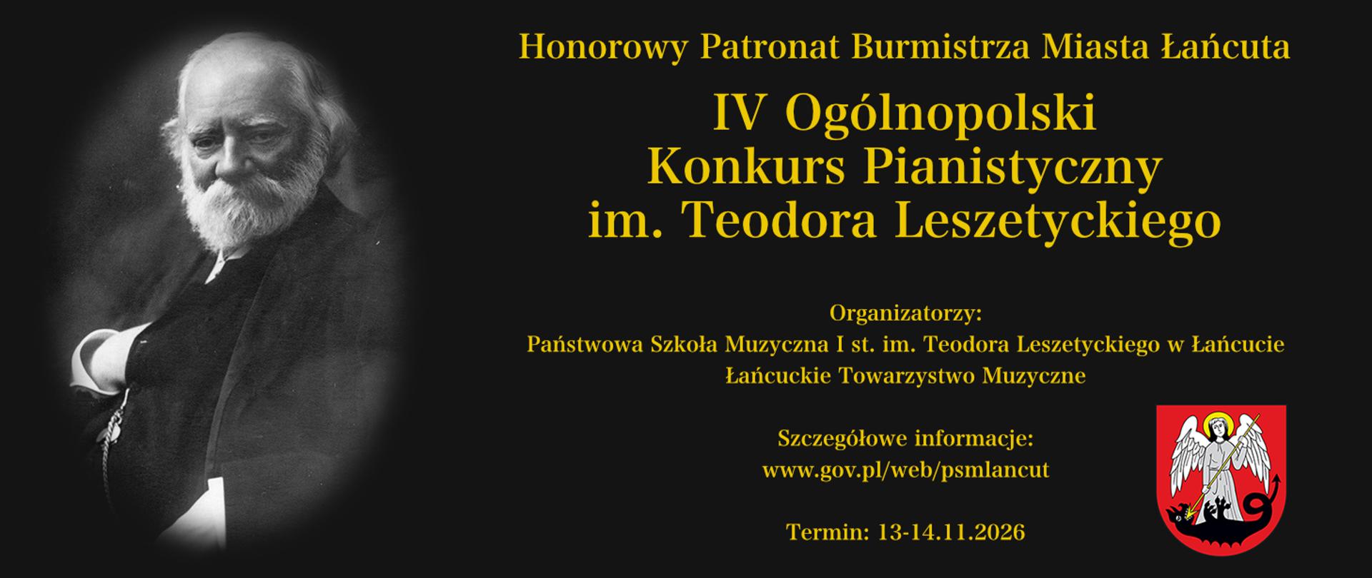 Czarne tło, po prawej zdjęcie Leszetyckiego, po prawej informacja o konkursie, jego organizatorach i terminie. W prawym dolnym rogu herb Łańcuta