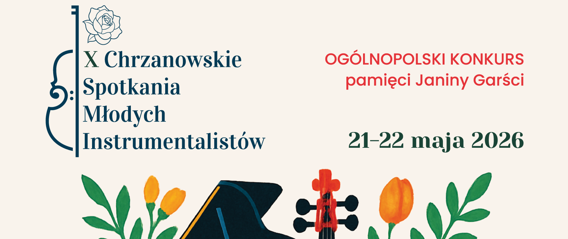 Wiosenne Muzykowanie 2026 - afisz aktualny. Instrumenty ukryte w kolorowych kwiatach.
