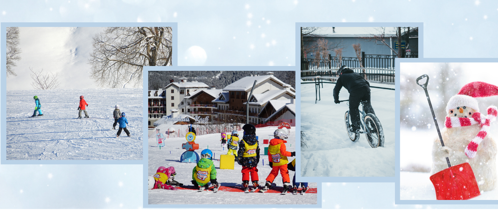 Zdjęcie przedstawia kolekcję scen zimowych, ułożonych w kolaż. Na zdjęciu po lewej widzimy cztery osoby na nartach na otwartym, śnieżnym terenie. Osoby są ubrane w kolorowe zimowe ubrania. Na prawą znajduje się zdjęcie grupy dzieci w kolorowych kombinezonach, które uczestniczą w lekcji narciarstwa. Dzieci mają na sobie kaski, a niektóre z nich siedzą na śniegu. Po prawej stronie znajduje się zdjęcie osoby jadącej na rowerze z grubymi oponami przez śnieg obok metalowego ogrodzenia i drzew. Osoba ta jest ubrana w czarne ubrania. Na ostatnim zdjęciu, najbardziej po prawej stronie widzimy bałwana w czerwonej czapce i szaliku, który trzyma czerwoną łopatę do śniegu. Obrazy są umieszczone na tle imitującym płatki śniegu, co dodaje kompozycji zimowej atmosfery.