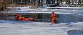 Na akwenie znajduje sie dwóch strażaków prowadzących akcję ratowniczą. Jeden z nich leży na saniach lodowych, drugi znajduje się kilka metrów za saniami w pozycji klęczącej na lodzie W rękach trzyma linki, za pomocą których asekuruje kolegę. Brzegi akwenu pokryte są śniegiem. W tle widoczne są drzewa i zabudowania. 