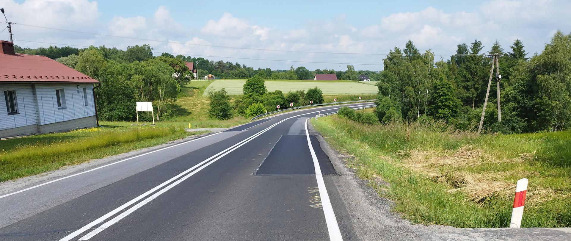 Zdjęcie zrobione w okresie letnim. Przedstawia drogę jednopasmową, po jednym pasie w każdym kierunku. Droga skręca tworząc ostry zakręt. Jest on odpowiednio oznakowany, są też bariery ochronne. Po lewej stronie zdjęcia widoczne domy. 