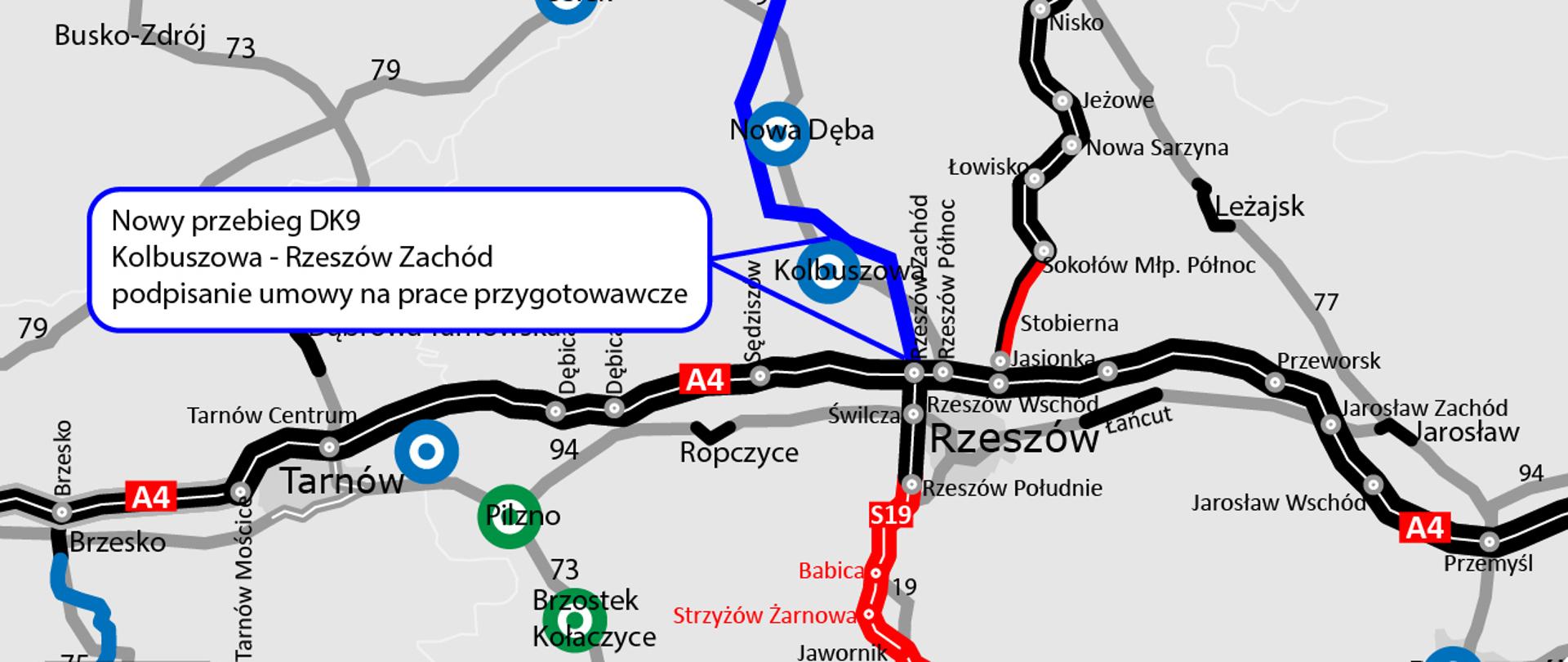 Mapa poglądowa przedstawiająca sieć dróg w województwie podkarpackim z zaznaczonym nowym odcinkiem drogi krajowej nr 9