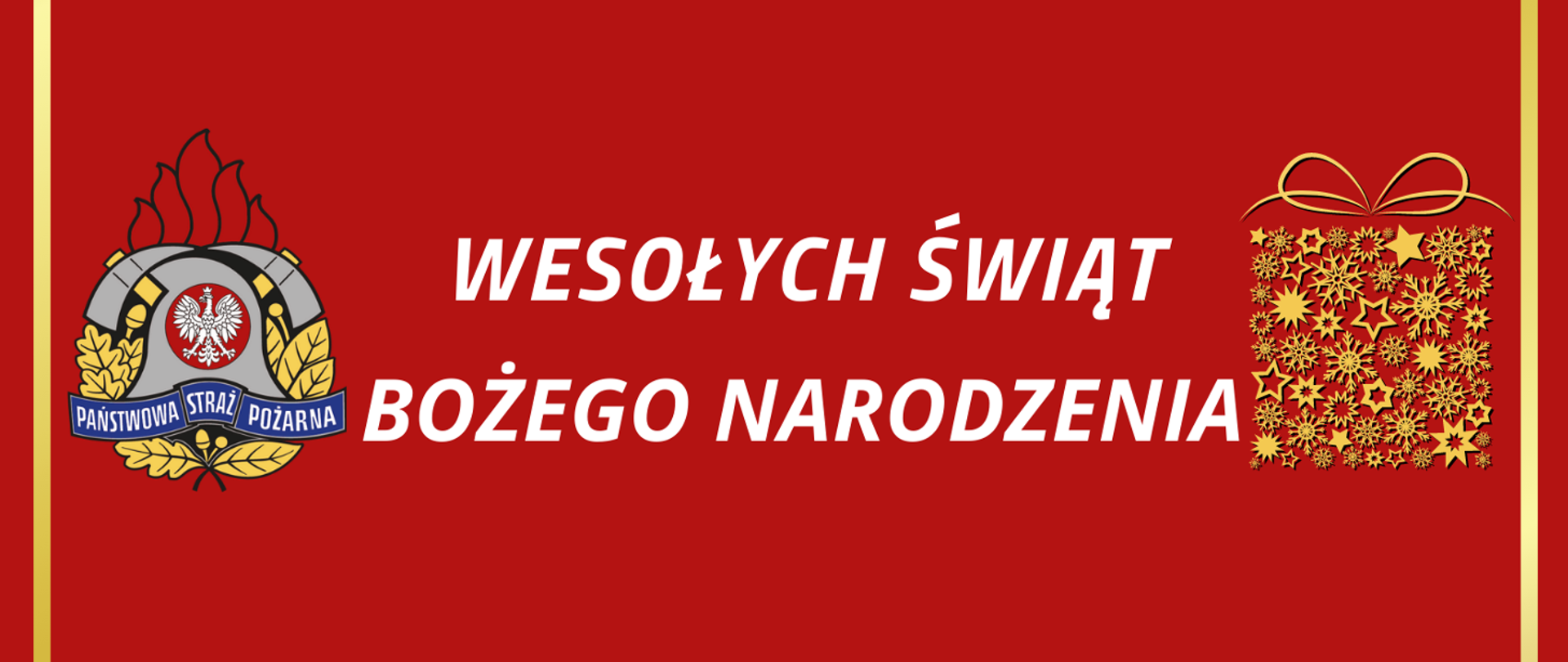 Baner z logo PSP i napisem WESOŁYCH ŚWIĄT