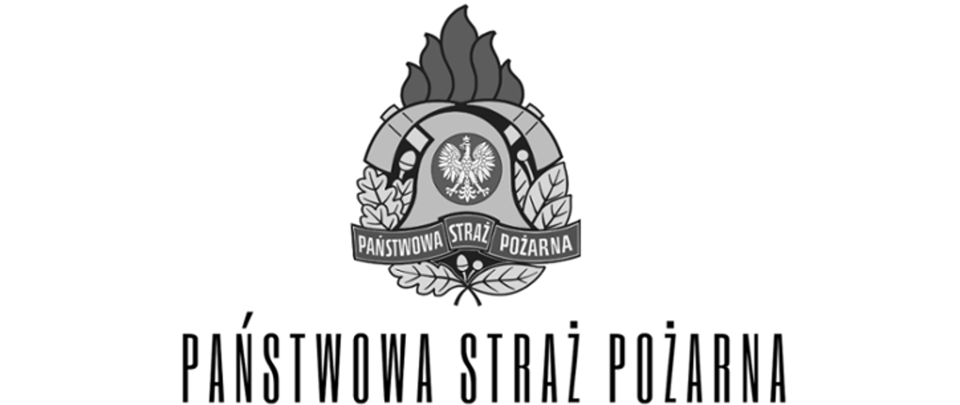 Logo PSP czarno-białe na białym tle pod logiem napis Państwowa Straż Pożarna 