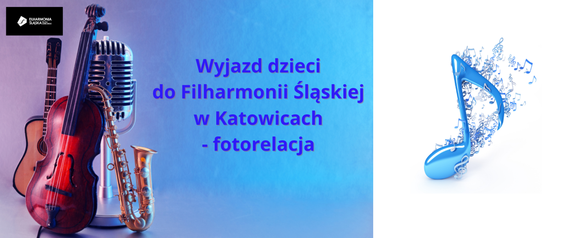 baner na fioletowo - niebieskim tle, po lewej stronie instrumenty, po prawej ikona nuty