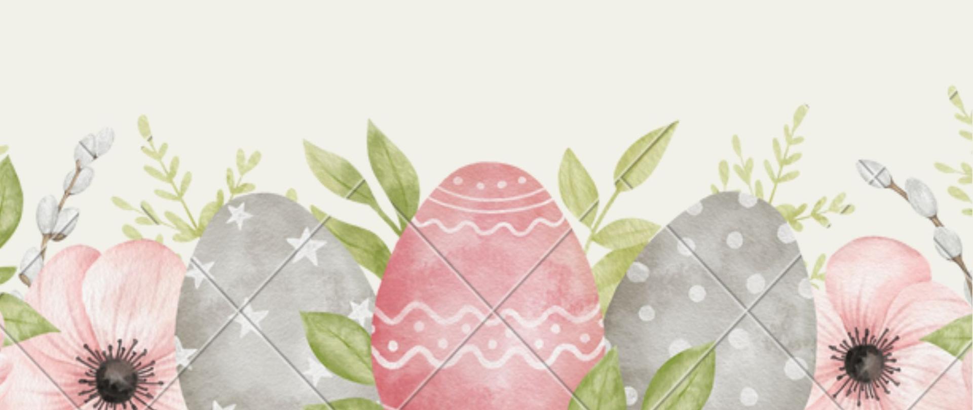 Kartka świąteczna na szarym tle u dołu znajdują się kolorowe pisanki kwiaty oraz bazie nawiązujące do świąt wielkanocnych