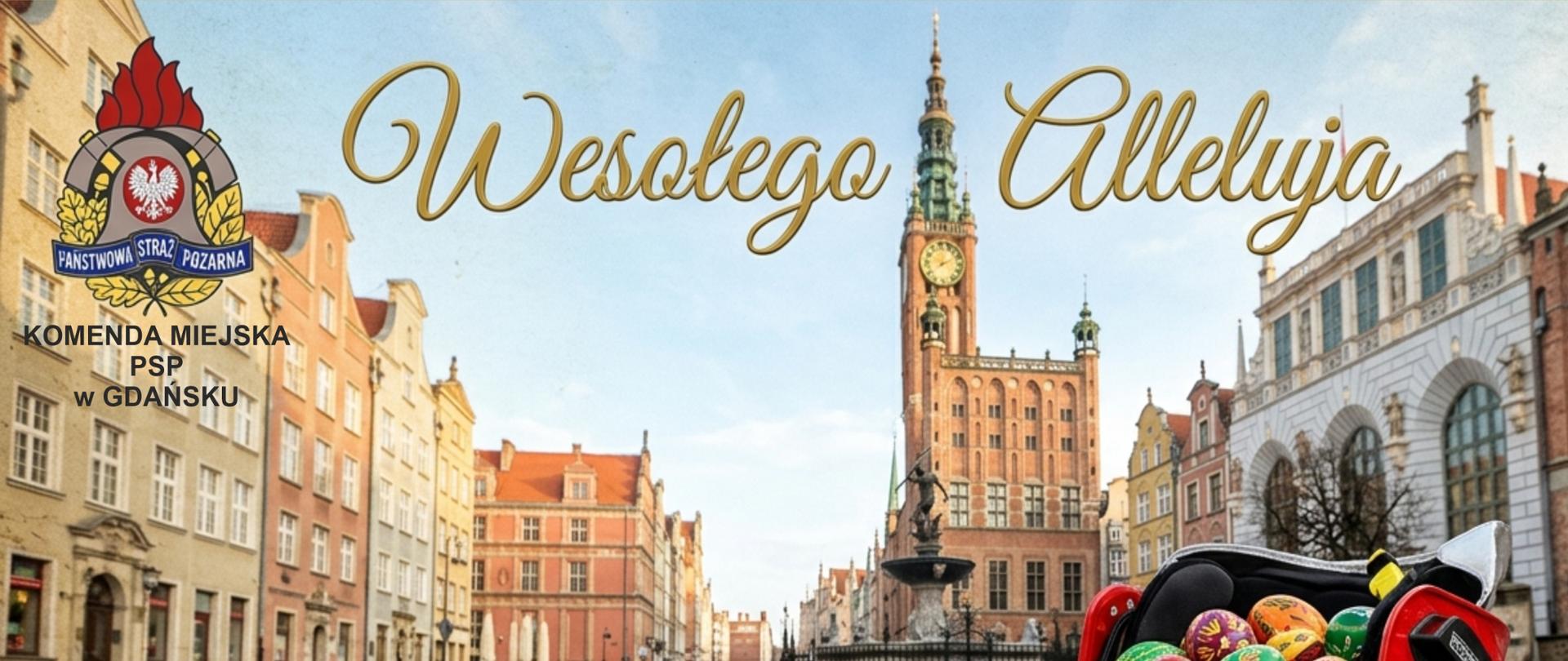 Kartka z życzeniami wielkanocnymi. Na Długim Targu w Gdańsku lezy hełm strażacki wypełniony pisankami. Grafika wygenerowana przez AI.