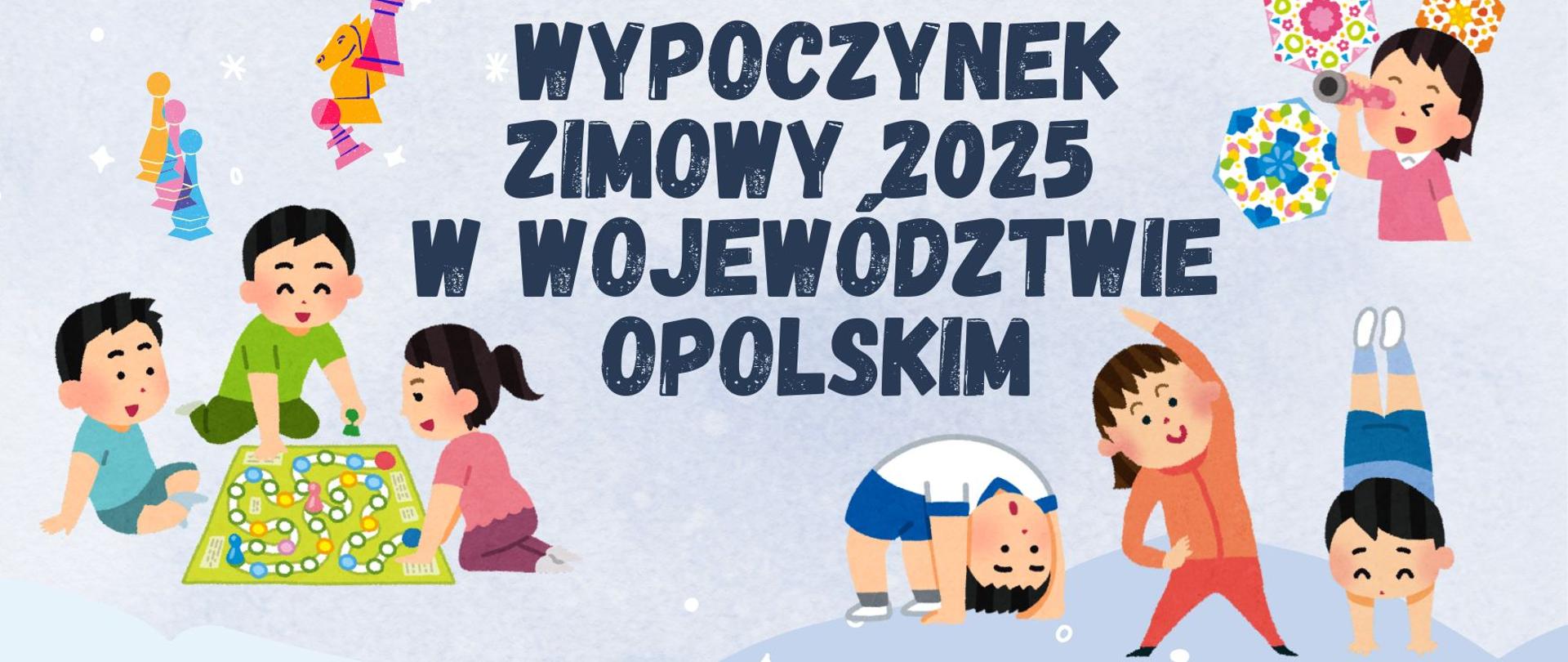 Grafika przedstawiająca bawiące się dzieci oraz napis wypoczynek zimowy 2025 w województwie opolskim