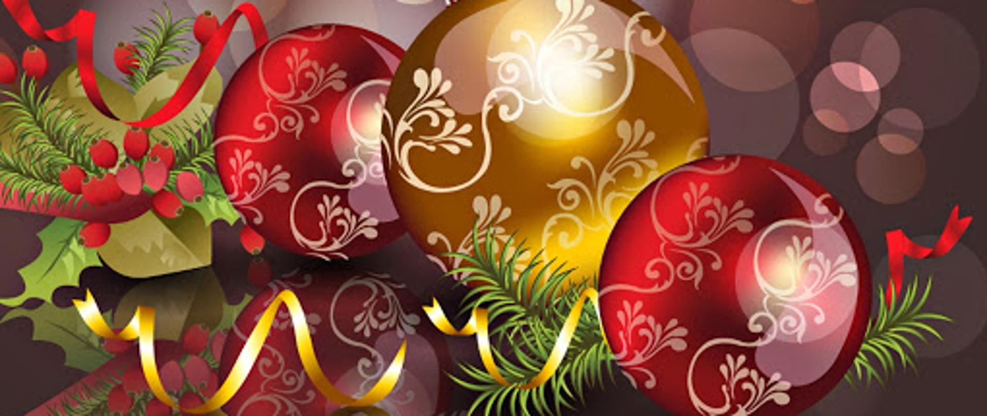 Zdjęcie przedstawia dekorację świąteczną, kolorowe bombki oraz gałązki choinki na ciemnym tle