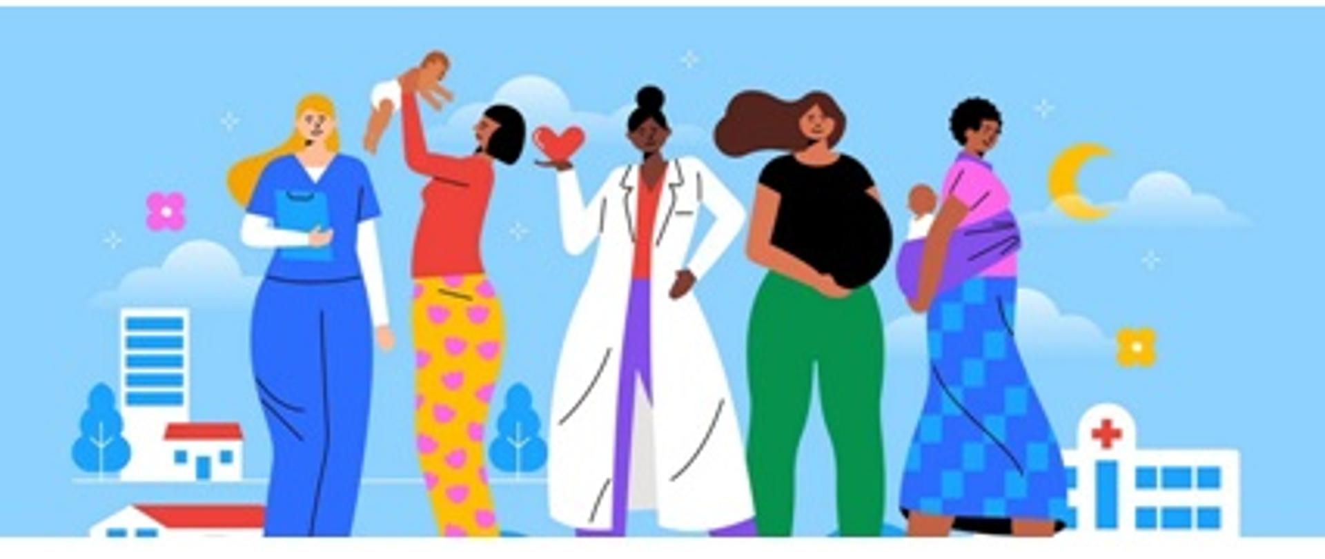 Kilka kobiet na tle szpitali