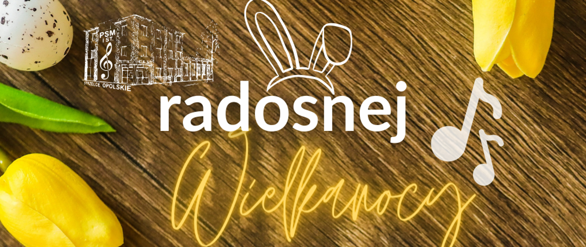 Radosnej Wielkanocy żółte tulipany i jajka na tle drewnianym