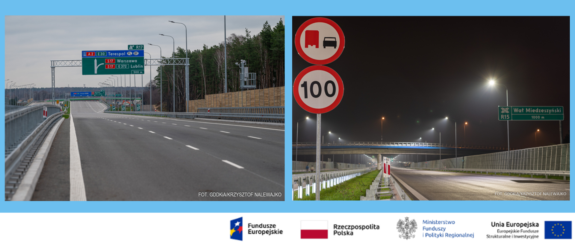 Na grafice dwa zdjęcia Południowej Obwodnicy Warszawy. Poniżej logotypy MFiPR i Funduszy Europejskich.