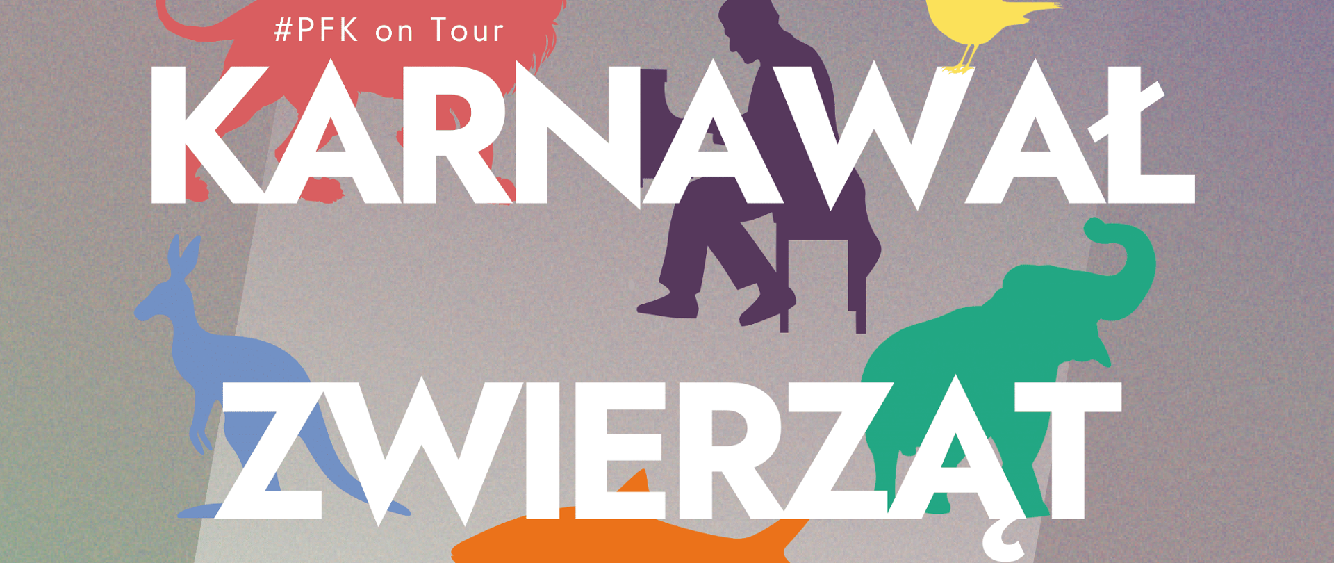 Tło obrazka od góry szare przechodzi do dołu w zielone. U góry po prawej stronie biały napis: 15.11.2024 godz. 18:00, Państwowa Szkoła Muzyczna I stopnia w Kościerzynie, ul. Dworcowa 12". W centralnej części obrazka biały napis: "karnawał zwierząt", a pod nimi kolorowe cienie zwierząt (kangur, ryba, lew, ptak). Dalej do dołu informacja o wykonawcach, konieczności rezerwacji miejsc i wstępie wolnym. U samego dołu na białym pasku loga organizatorów i partnerów.