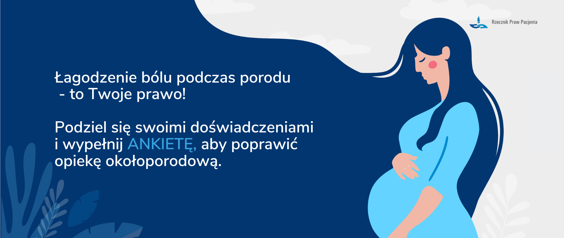 Baner do ankiety z opieką okołoporodową. Graficznie przedstawiona kobieta w ciąży w długich niebieskich włosach i niebieskiej sukience.