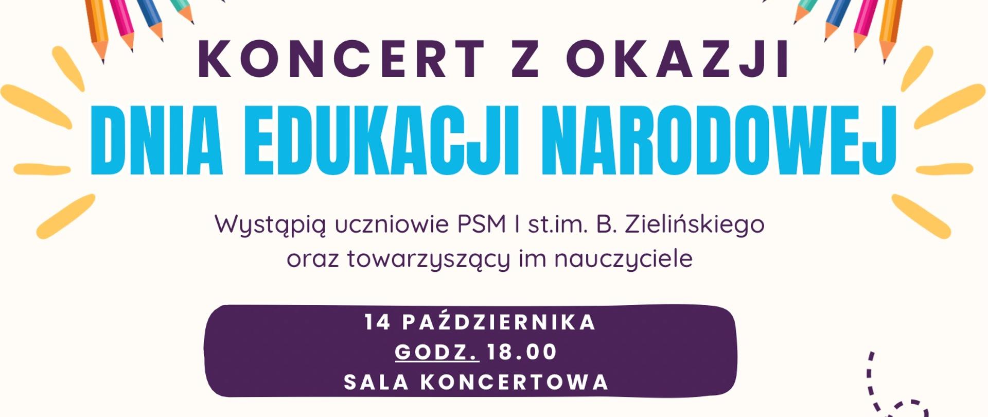 Na banerze reklamowym znajdują się informacje dotyczące koncertu który ma odbyć się w dniu 14 października 2024r o godz 18:00, na banerze znajdują się również zdjęcia ludzi i logo szkoly