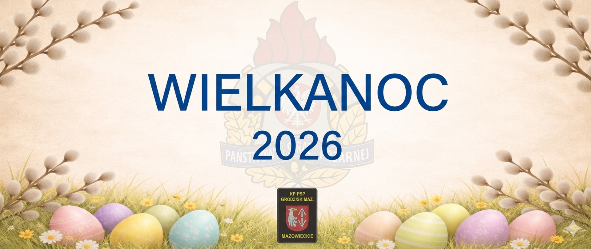Grafika ma formę poziomego baneru z napisem okolicznościowym. Tło jest jasnobeżowe, o teksturze przypominającej czerpany papier lub płótno. W centralnej części, pod głównym tekstem, znajduje się duże, wyraźne godło Państwowej Straży Pożarnej (orzeł na tarczy, z płomieniem i wieńcem).
W dolnej części obrazu widnieje wielkanocna kompozycja: soczyście zielona trawa z drobnymi stokrotkami, na której ułożone są kolorowe pisanki (różowe, żółte, zielone, błękitne, fioletowe) ozdobione delikatnymi wzorami. Po bokach kompozycję domykają okazałe gałązki bazi (kotki), które pną się ku górze wzdłuż krawędzi kartki.
Na środku, u dołu, umieszczono czarną naszywkę (emblemat) z napisem "KP PSP GRODZISK MAZ. MAZOWIECKIE" oraz herbem powiatu grodziskiego.
Tekst na grafice:
Główny napis wykonany jest prostą, czytelną czcionką w ciemnoniebieskim kolorze:
WIELKANOC
2026