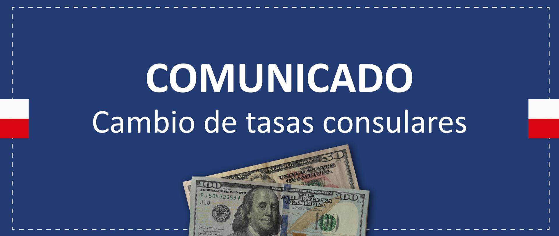 Imagen rectangular con el texto "COMUNICADO: cambio de tasas consulares" en el centro y banderas polacas a los lados.