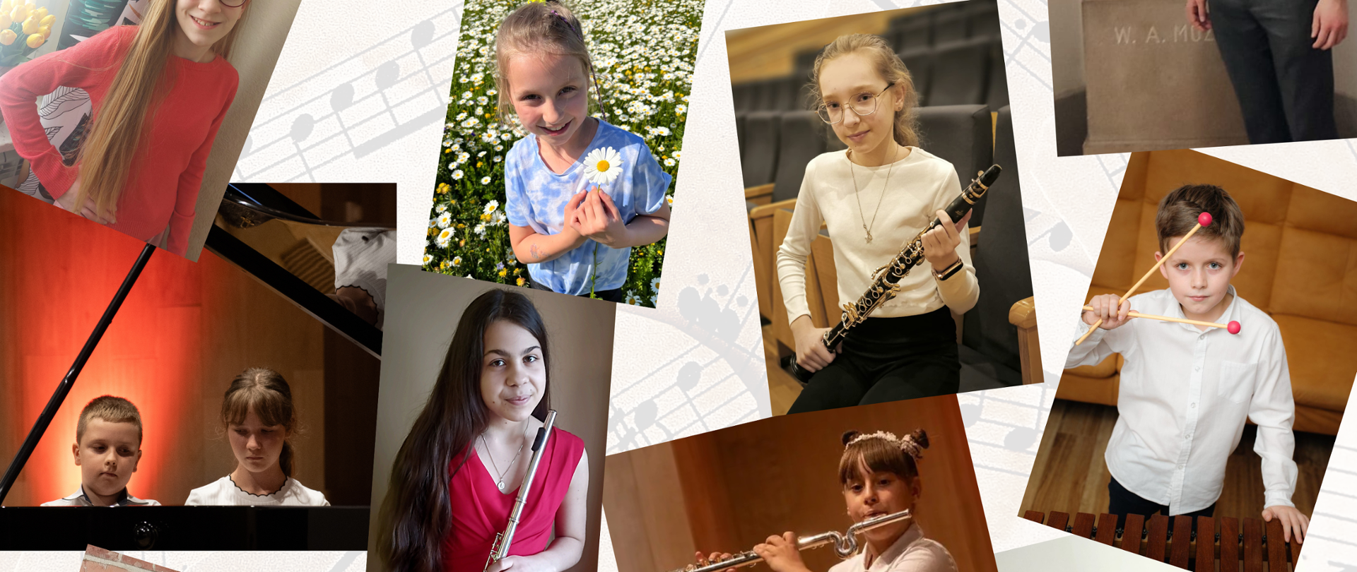 Na plakacie umieszczone znajdują się napisy i zdjęcia młodych muzyków trzymających instrumenty lub grających na nich. Całość ma kolorystykę przewodnią w brązach i beżach, z elementami graficznymi nut w tle.