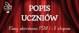 na czerwonym tle imitującym kotarę białe napisy, u góry z lewej logo szkoły