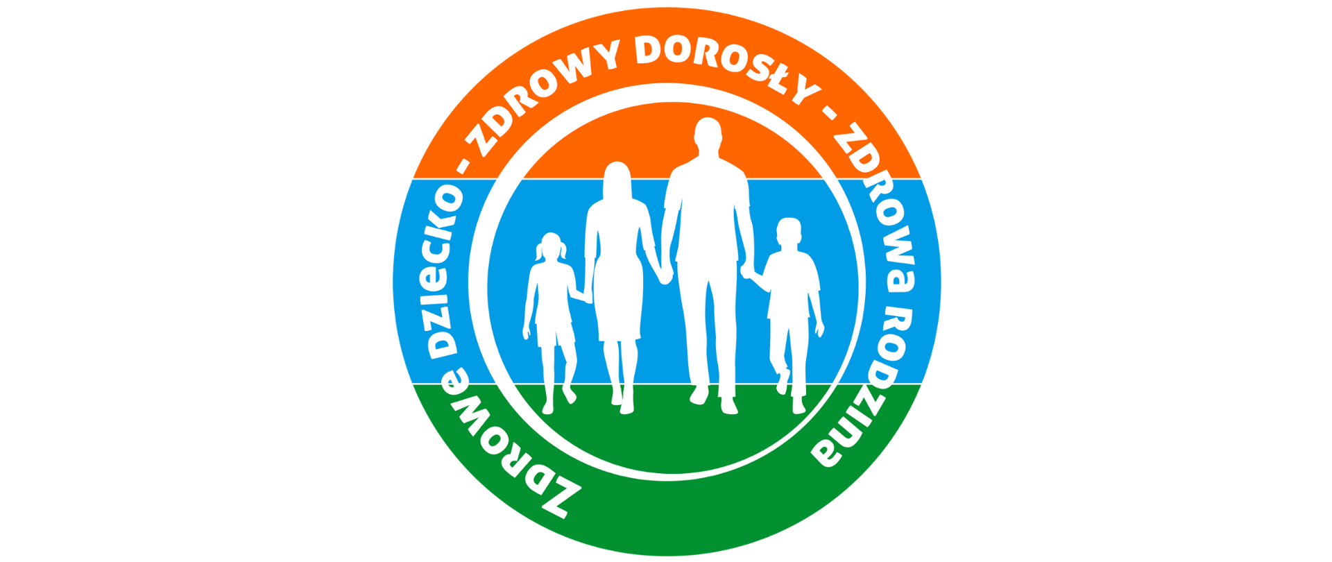 Trójkolorowe logo (kolor pomarańczowy na górze, w środku niebieski, na dole zielony) Projektu przedstawia rodzinę - dwie dorosłe osoby i dwójka dzieci trzymające się za ręce