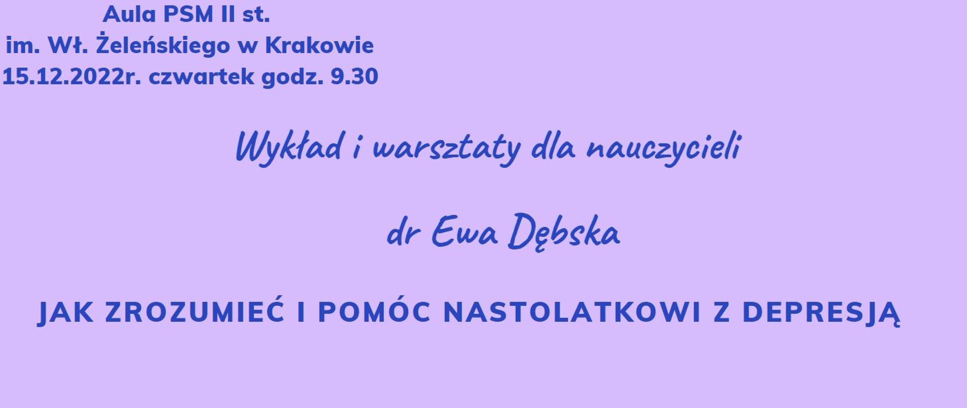 na fioletowym tle plakat wykład i warsztaty dla nauczycieli de Ewa Dębska 15.12.2022