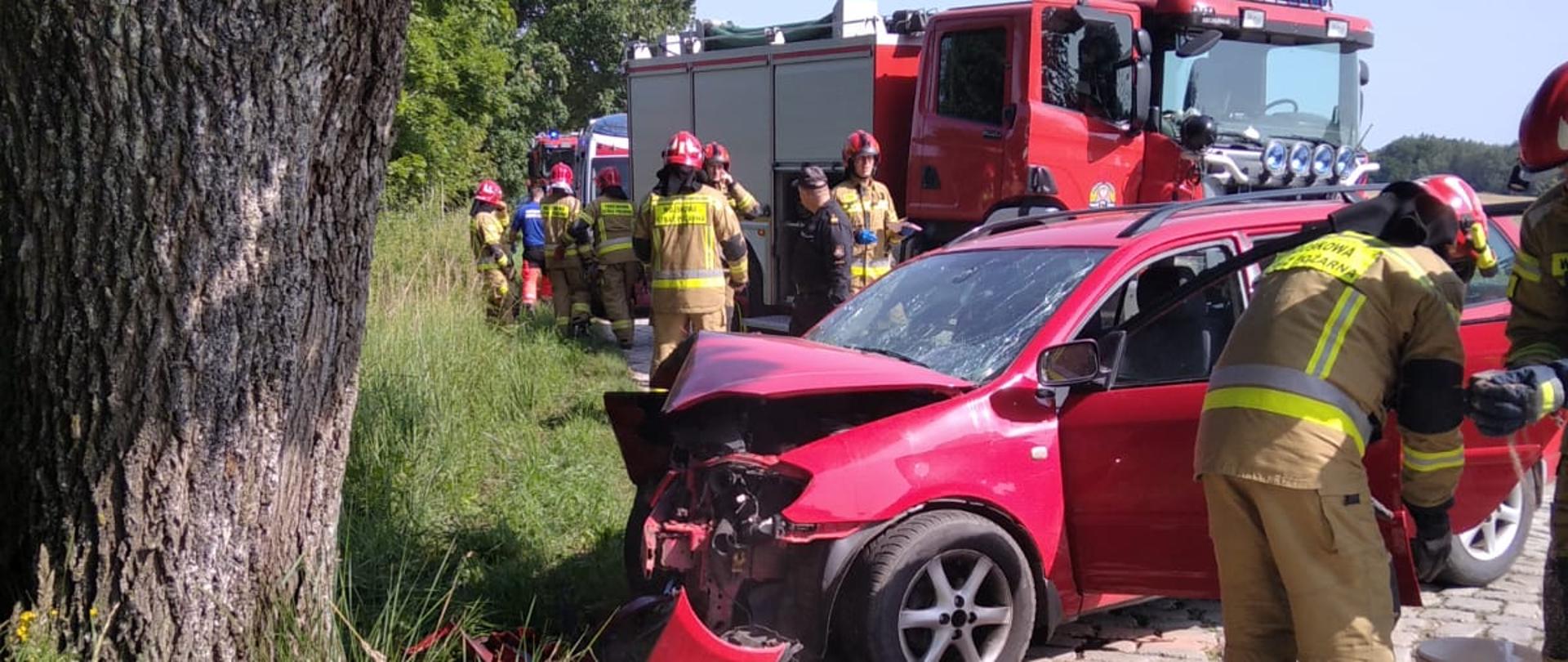 Czerwona Toyota rozbita o drzewo. Przy rozbitym aucie strażacy, w oddali samochód strażacki i strażacy.