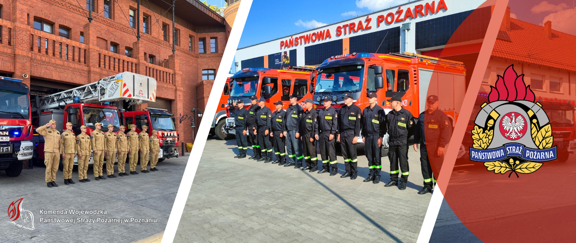 Strażacy przed remizą stoją ustawieni w szeregu i oddają część Powstańcom. W tle pojazdy pożarnicze i remiza.