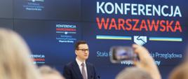 Premier Mateusz Morawiecki podczas Konferencji Warszawskiej w KPRM.