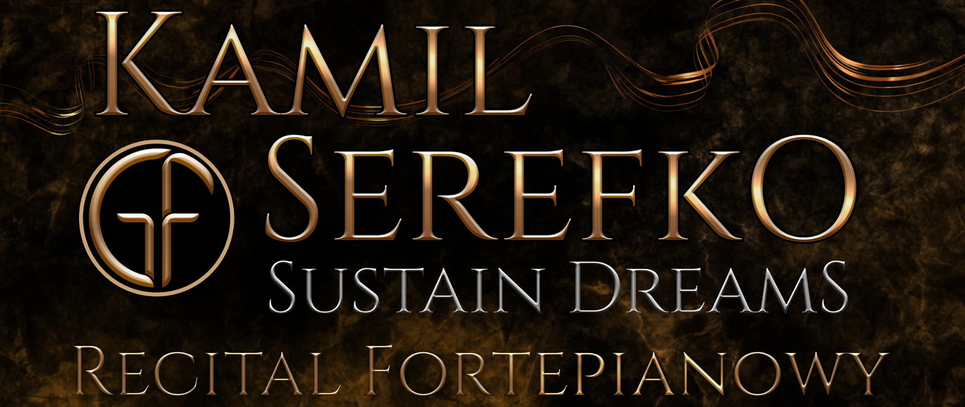 Plakat na czarno złotym tle dymu ze zdjęciem Kamila Serefko i informacją tekstową o koncercie w dniu 02.02.2023 r. o godz. 17.00 w sali koncertowej