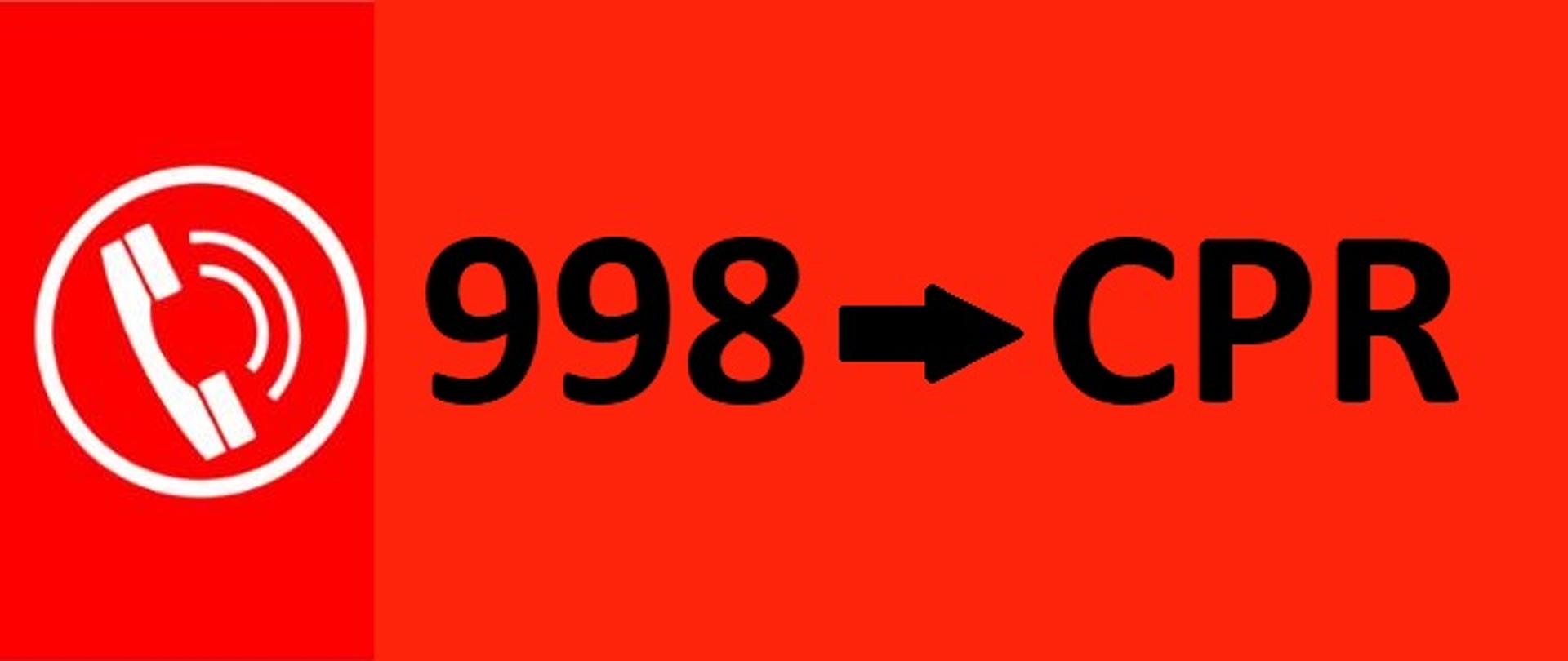 Zdjęcie przedstawia infografikę z widoczną słuchawką telefonu stacjonarnego oraz cyfry 998 i litery CPR. pomiędzy cyframi i literami strzałka skierowana grotem w stronę liter.