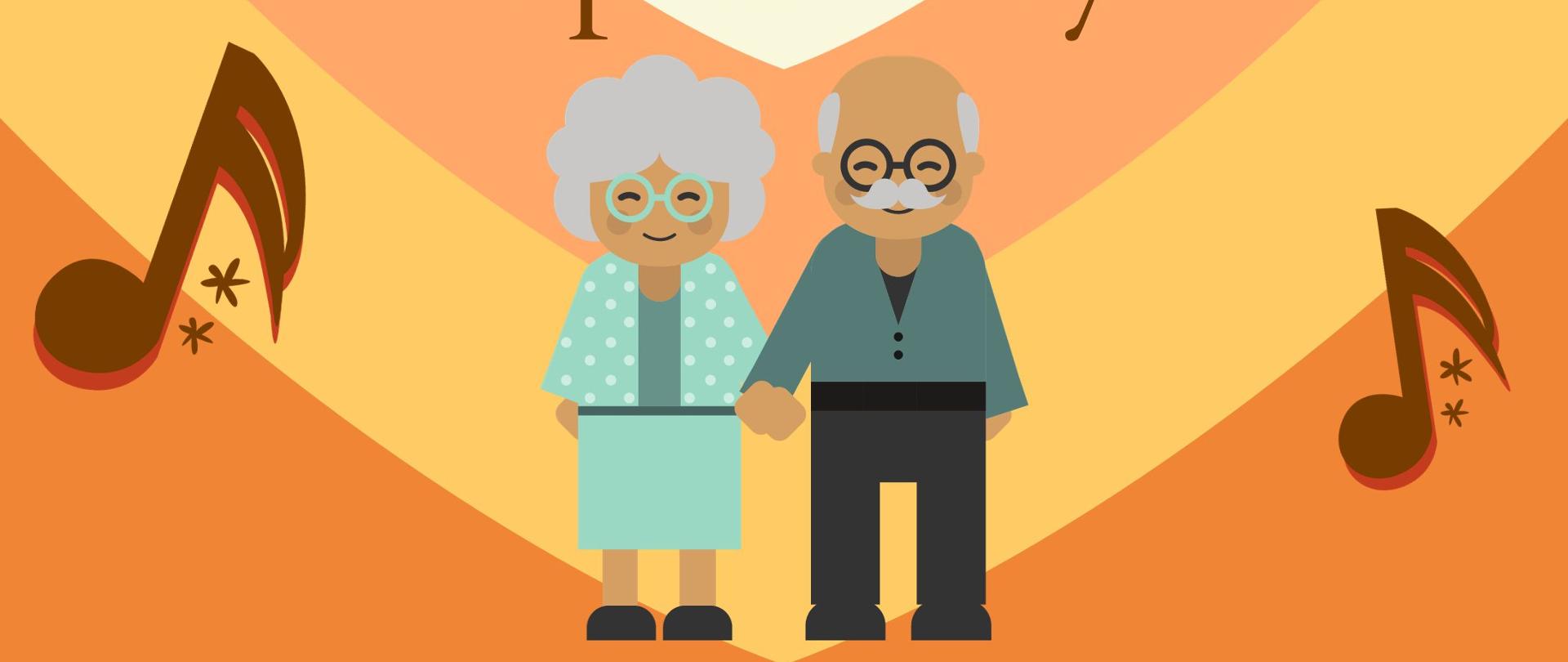Plakat z okazji Dnia Babci i Dziadka - informacja na środku 11.01.2024 godz. 17.00 w tle kolorowe serca oraz pięciolinia z nutami, na górze klucz wiolinowy, na dole postacie dziadków