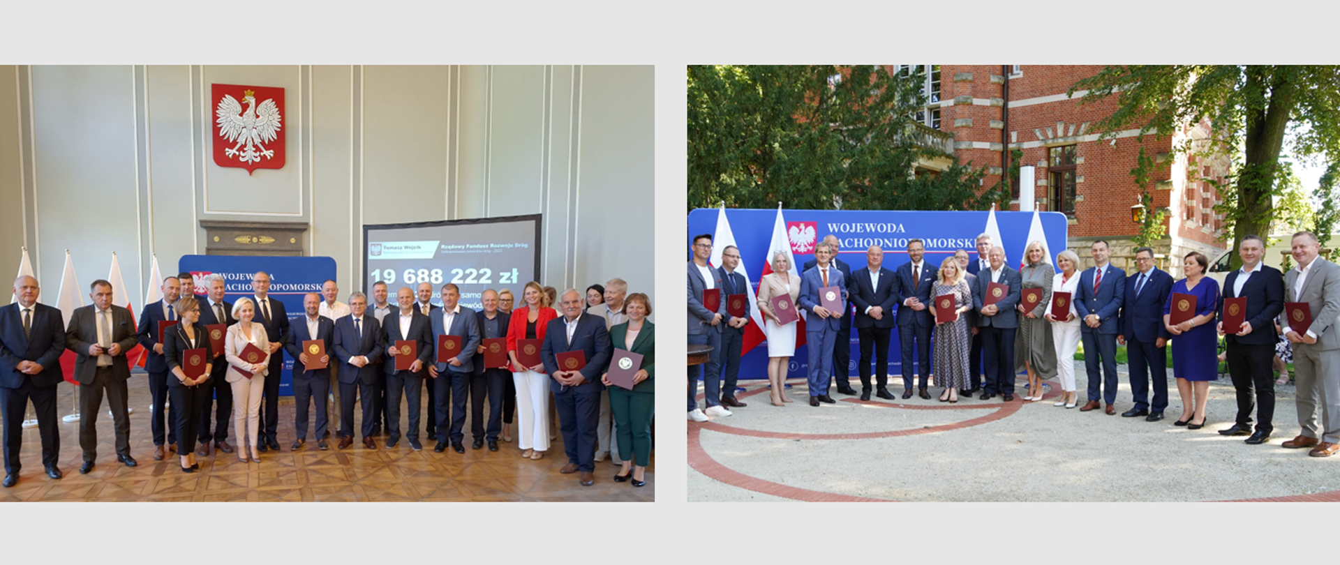 wspólne zdjęcie wojewody i wicewojewody z przedstawicielami samorządów, którzy podpisali umowy w Szczecinie i Koszalinie