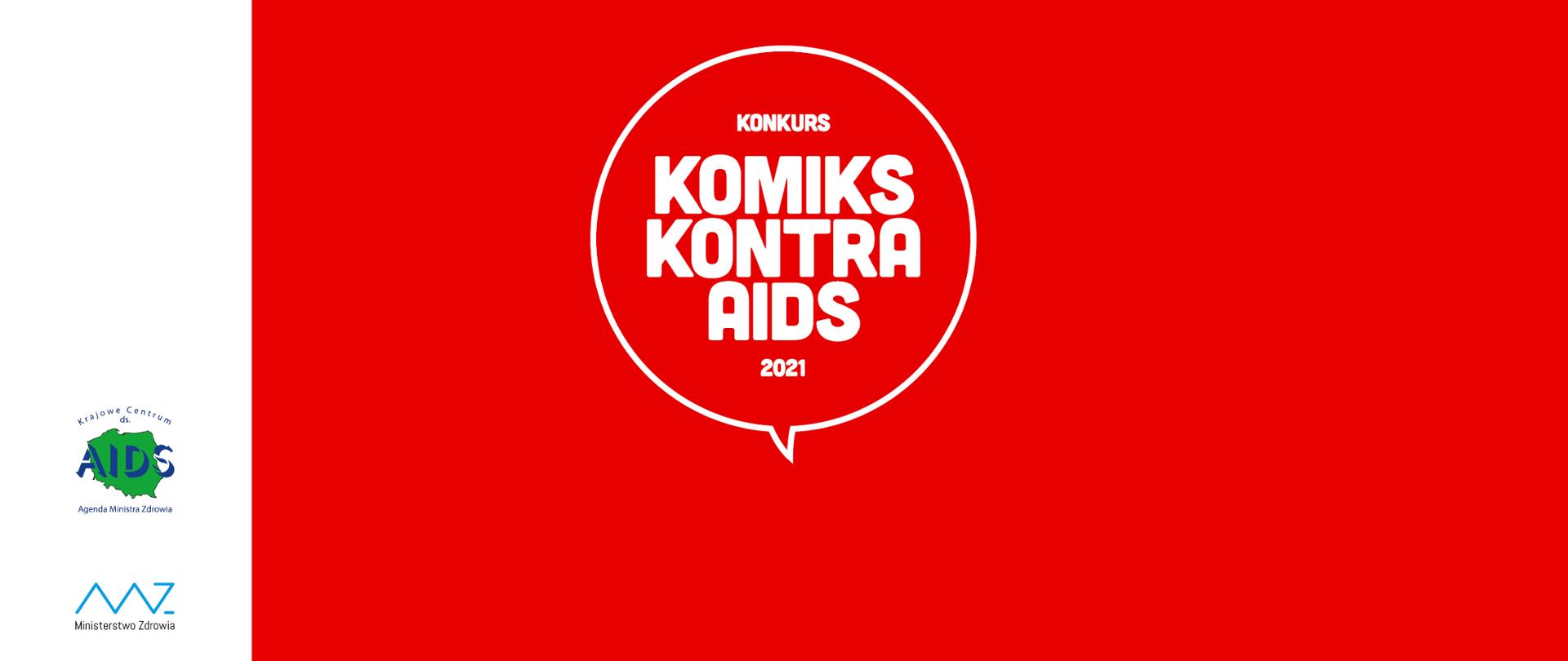 Grafika przedstawiająca czerwone tło z dymkiem, w którym znajduje się napis "Komiks Kontra Aids 2021" opatrzona logiem Krajowego Centrum ds. AIDS i Ministerstwa Zdrowia