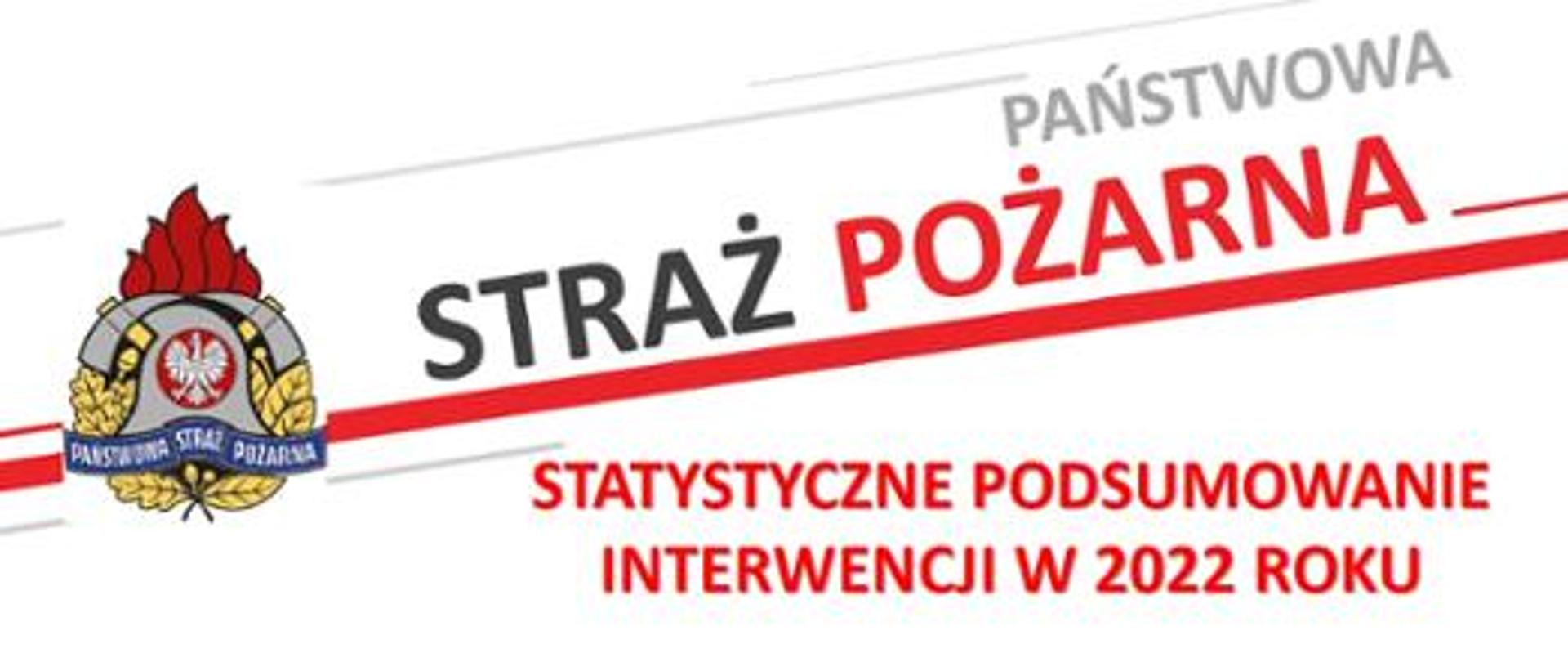 Na zdjęciu logo Państwowej Straży Pożarnej oraz napis Państwowa Straż Pożarna Statystyczne podsumowanie interwencji w 2022 roku